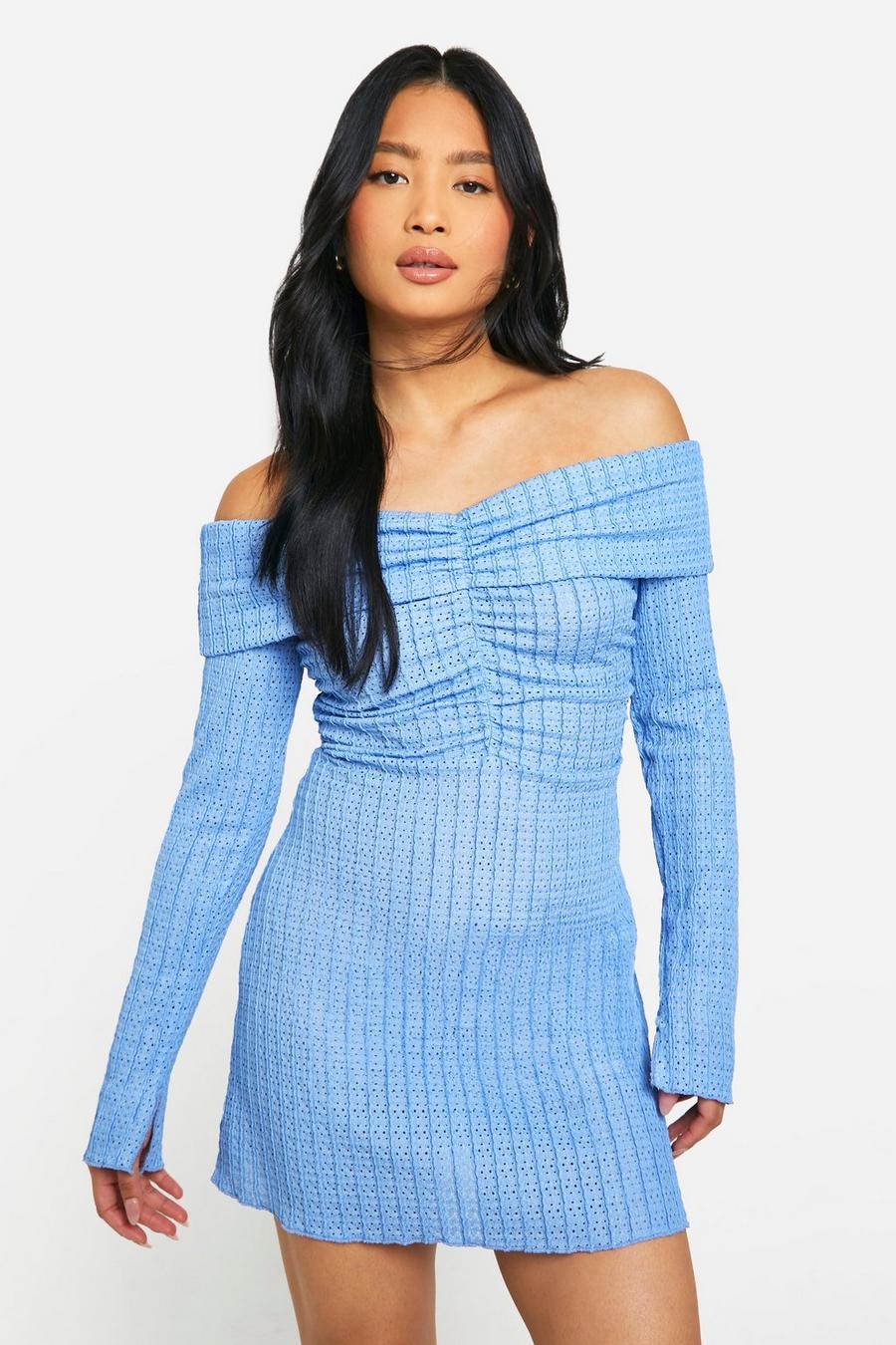 Blue Petite Textured Bardot Mini Dress image number 1