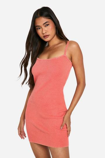 Coral Pink Acid Wash Rib Knit Scoop Strappy Mini Dress