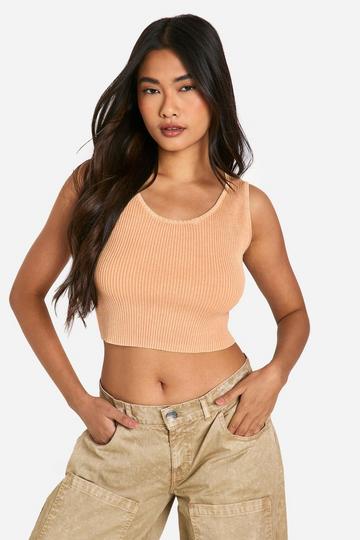 Geribbelde Gebreide Acid Wash Gebleekte Crop Top Met Lage Ronde Hals orange