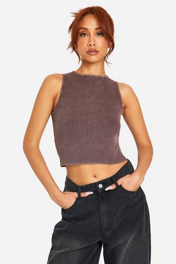 Acid Wash Rib Knit Crew Neck Top chocolate