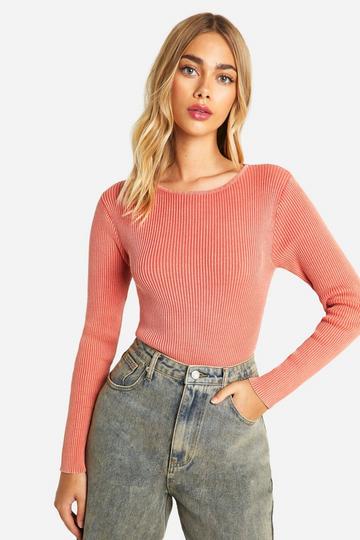 Coral Pink Acid Wash Rib Knit Bodysuit