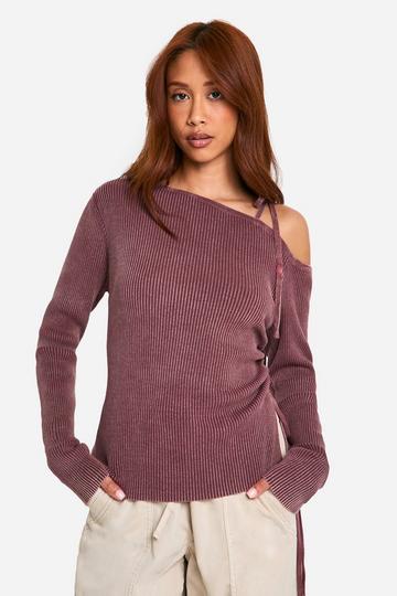 Acid Wash Rib Knit Asymmetric Lace Up One Shoulder Top mauve