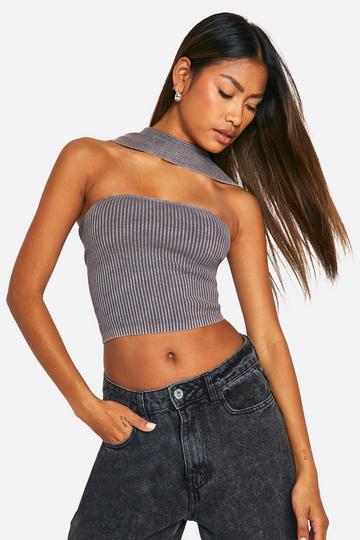 Acid Wash Rib Knit Choker Top taupe