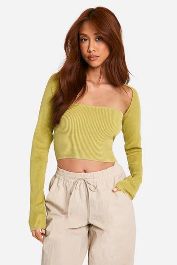 Olive Green Acid Wash Rib Knit Square Neck 2 In 1 Top