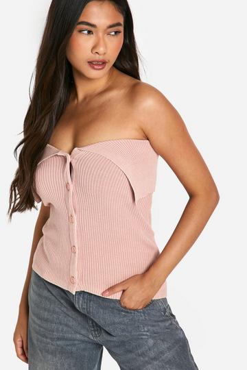 Acid Wash Rib Knit Foldover Button Down Bandeau baby pink