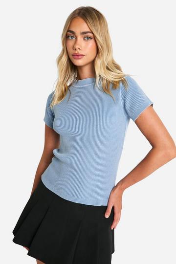 Blue Acid Wash Rib Knit Short Sleeve Knitted Top