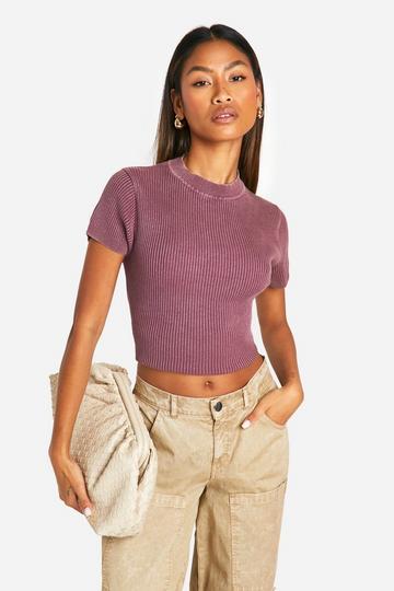 Geribbelde Gebreide Acid Wash Gebleekte Top Met Korte Mouwen mauve