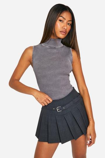 Acid Wash Rib Knit Turtleneck Sleeveless Bodysuit taupe