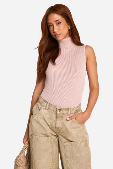 Acid Wash Rib Knit Turtleneck Sleeveless Bodysuit baby pink