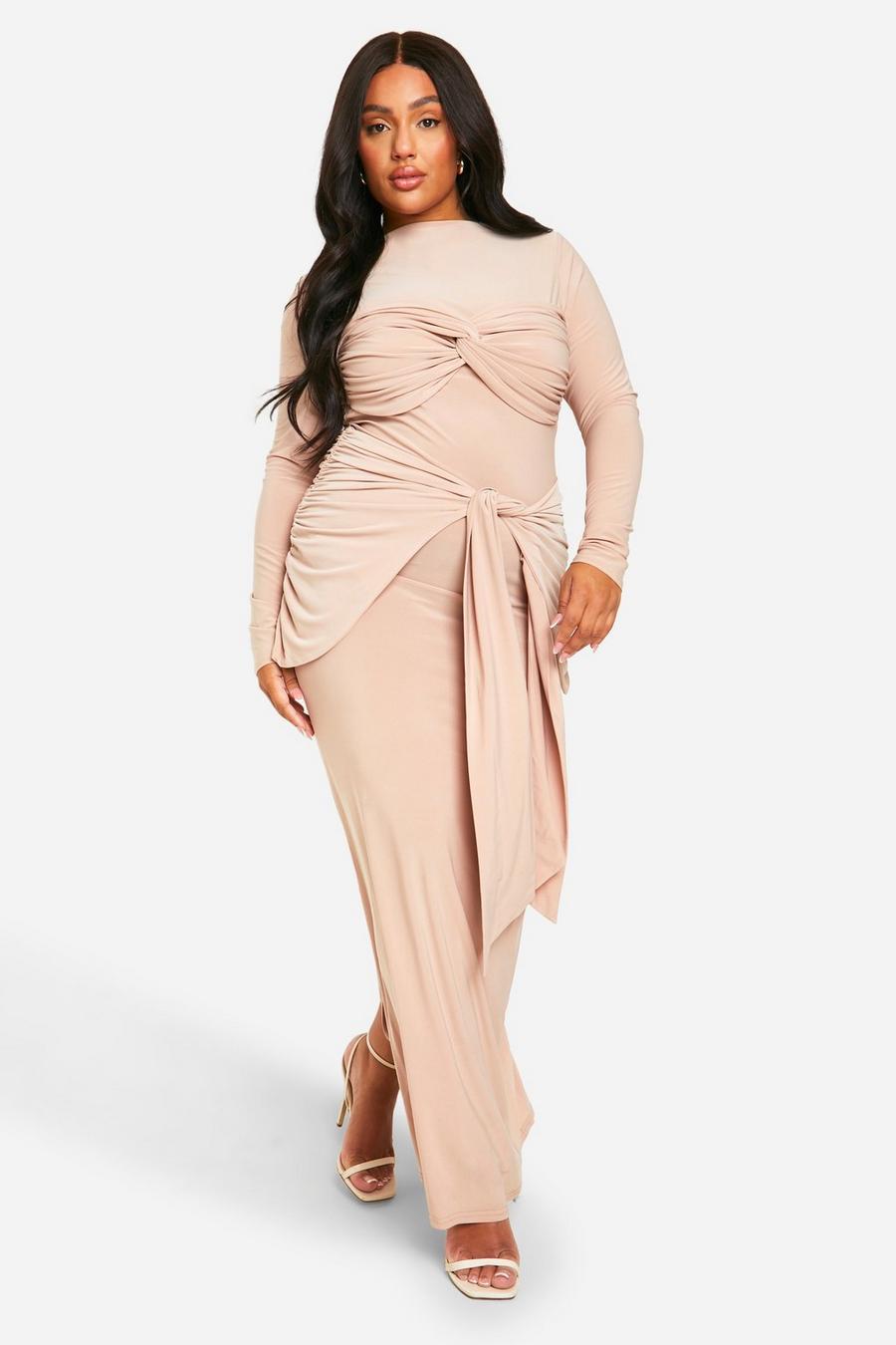 Mocha Plus Double Slinky Ruched Tie Maxi Dress image number 1