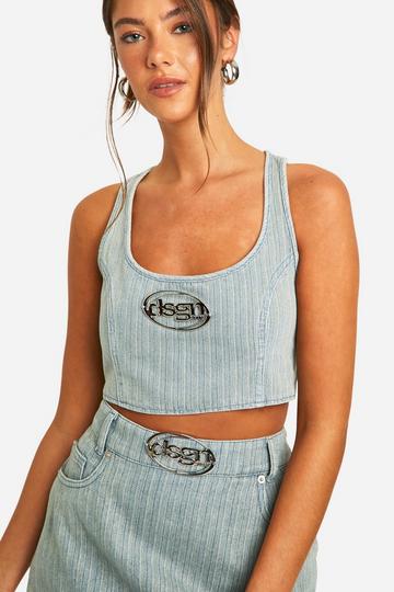DSGN Badge Vintage Tint Stripe Denim Crop Top vintage wash
