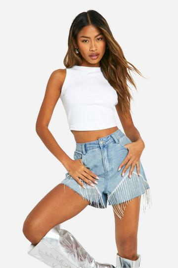 Rhinestone Trim Fray Hem Jean Shorts light blue