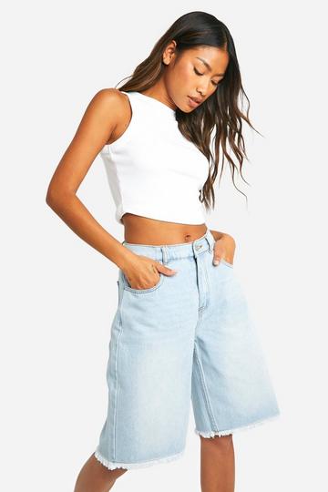 Faded Fray Hem Longline Denim Jorts light blue