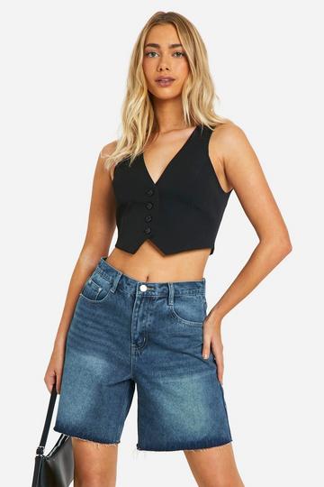 Mid Wash Fray Hem Longline Denim Shorts mid blue