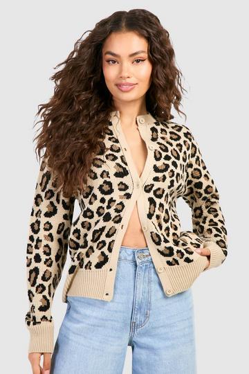 Multi Fine Gauge Crew Neck Leopard Print Micro Cardigan