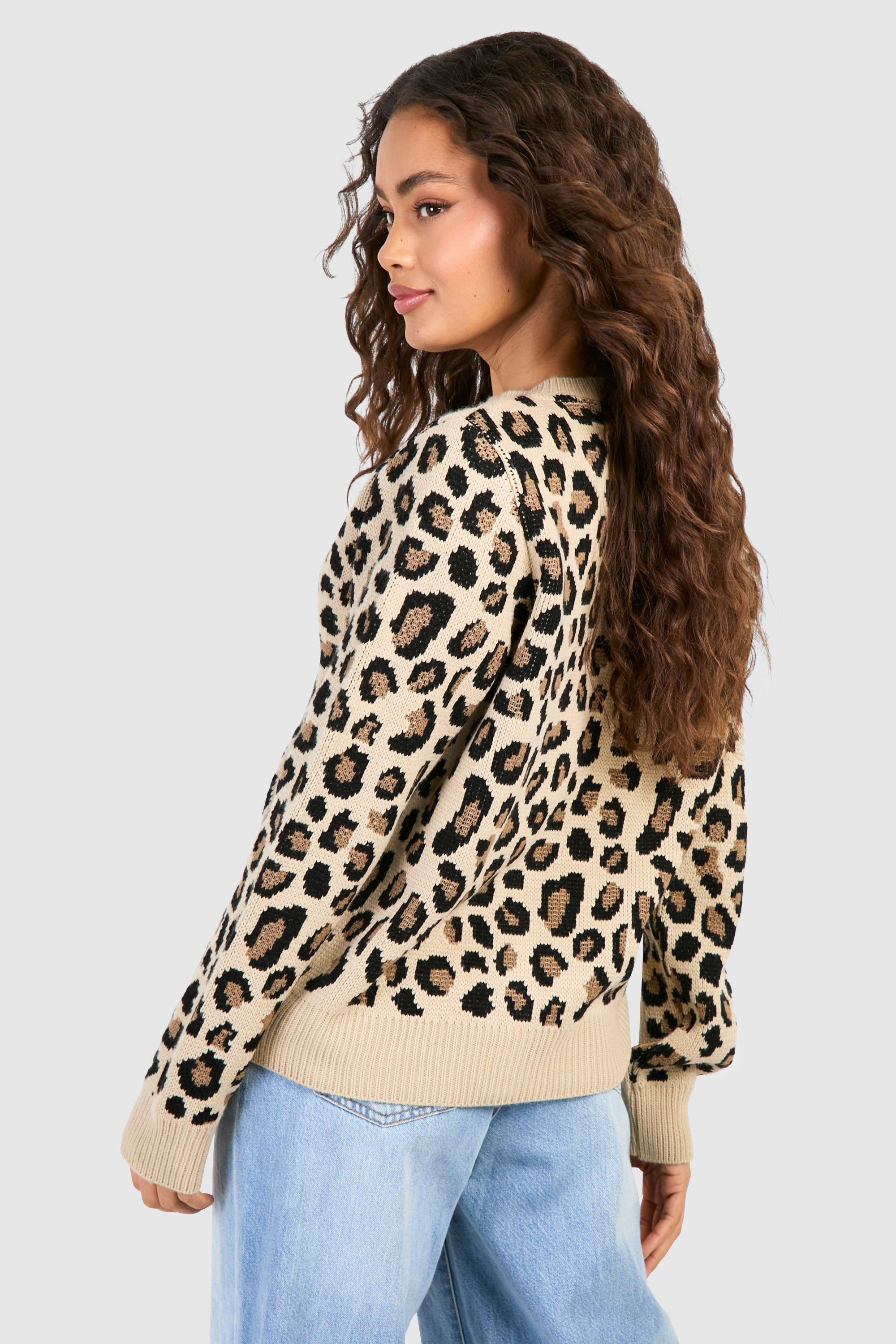 Fine Gauge Crew Neck Leopard Print Micro Cardigan boohoo UK