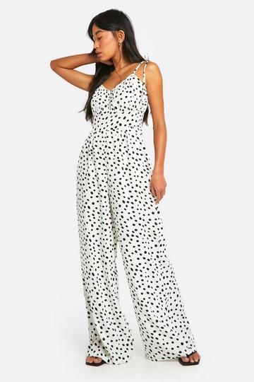 White Polka Dot Tie Detail Jumpsuit