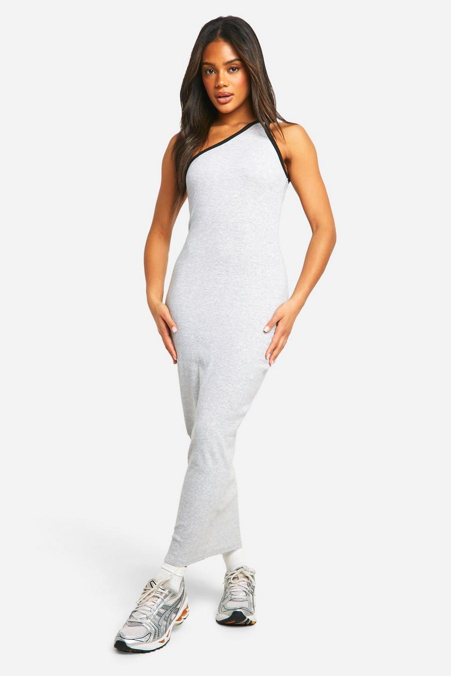 Grey marl Contrast Binding One Shoulder Midaxi Dress  image number 1