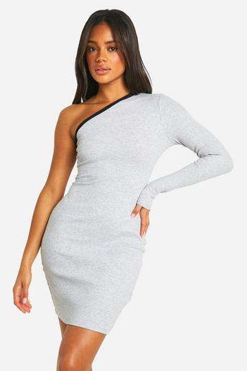 Grey Contrast Binding One Shoulder Mini Dress