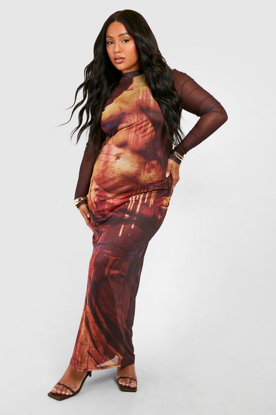 Brown Plus Body Print Mesh Long Sleeve Maxi Dress image number 1
