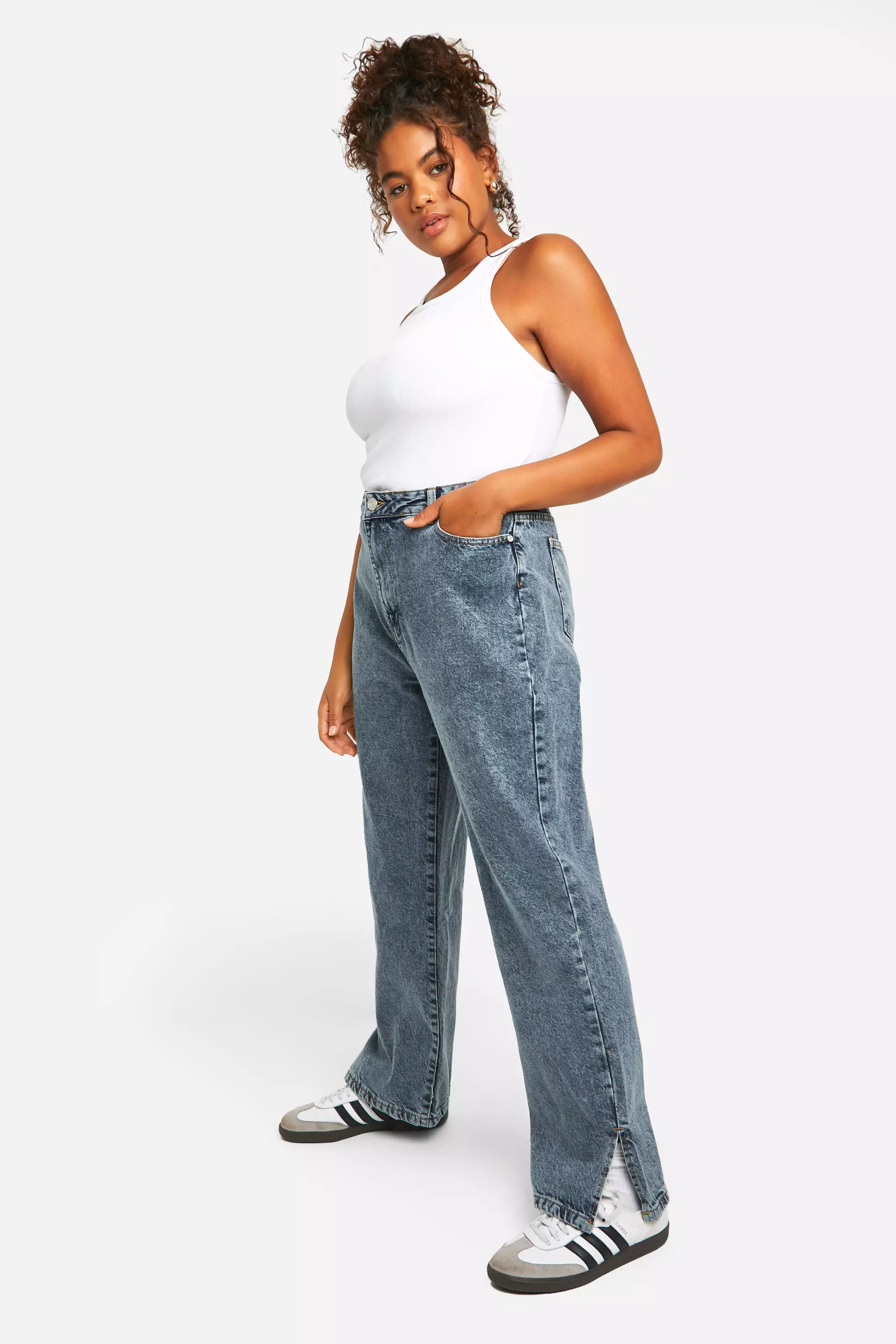 Vintage wash Plus Basics Split Hem Straight Leg Jeans alternative image