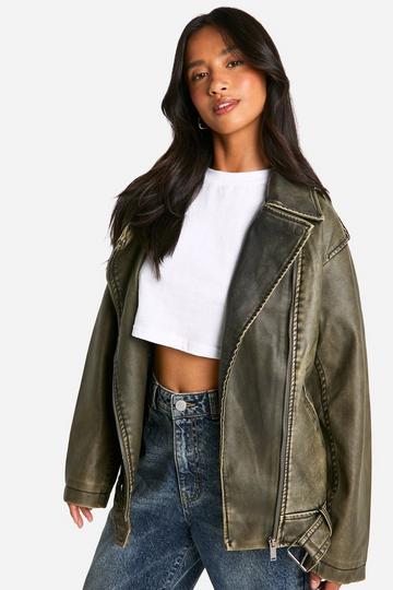 Petite Oversized Vintage Faux Leather Moto Jacket washed khaki