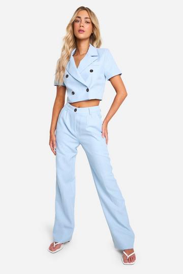 Blue Textured Straight Leg Tailored Trousers