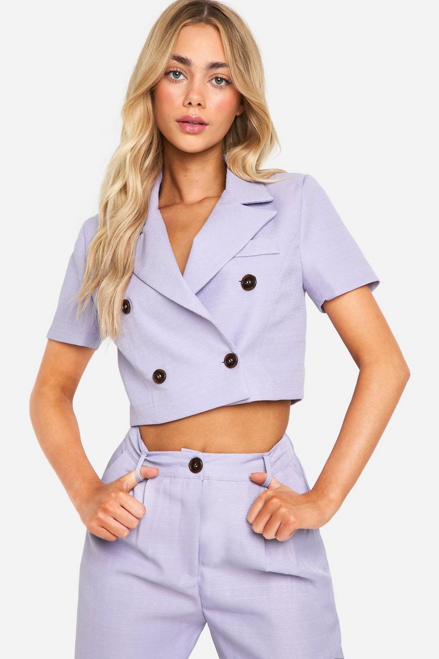 Lilac Textured Contrast Button Crop Blazer