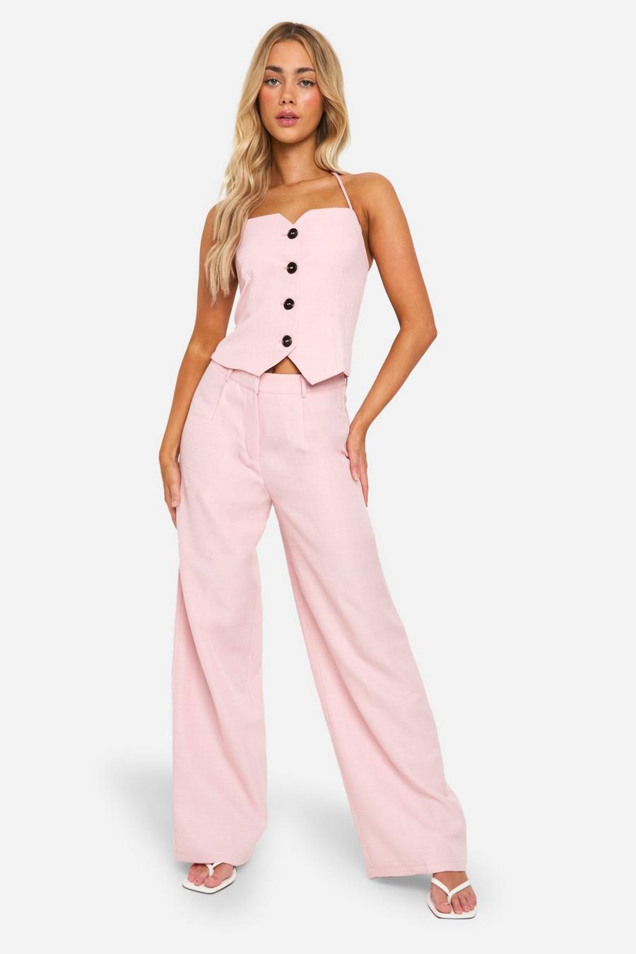 Baby pink Textured Wide Leg Tailored Pants image number 1
