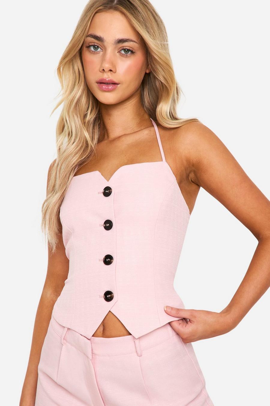 Baby pink Textured Contrast Button Halter Waistcoat image number 1