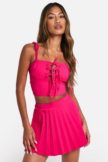 Pink Tie Shoulder Crop & Pleated Micro Mini Skirt