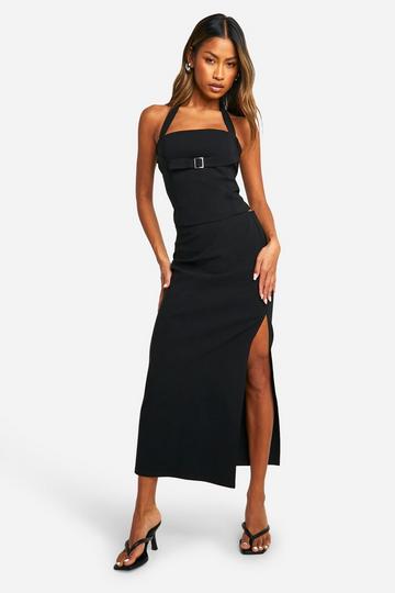 Buckle Detail Halter Crop & Thigh Split Maxi black