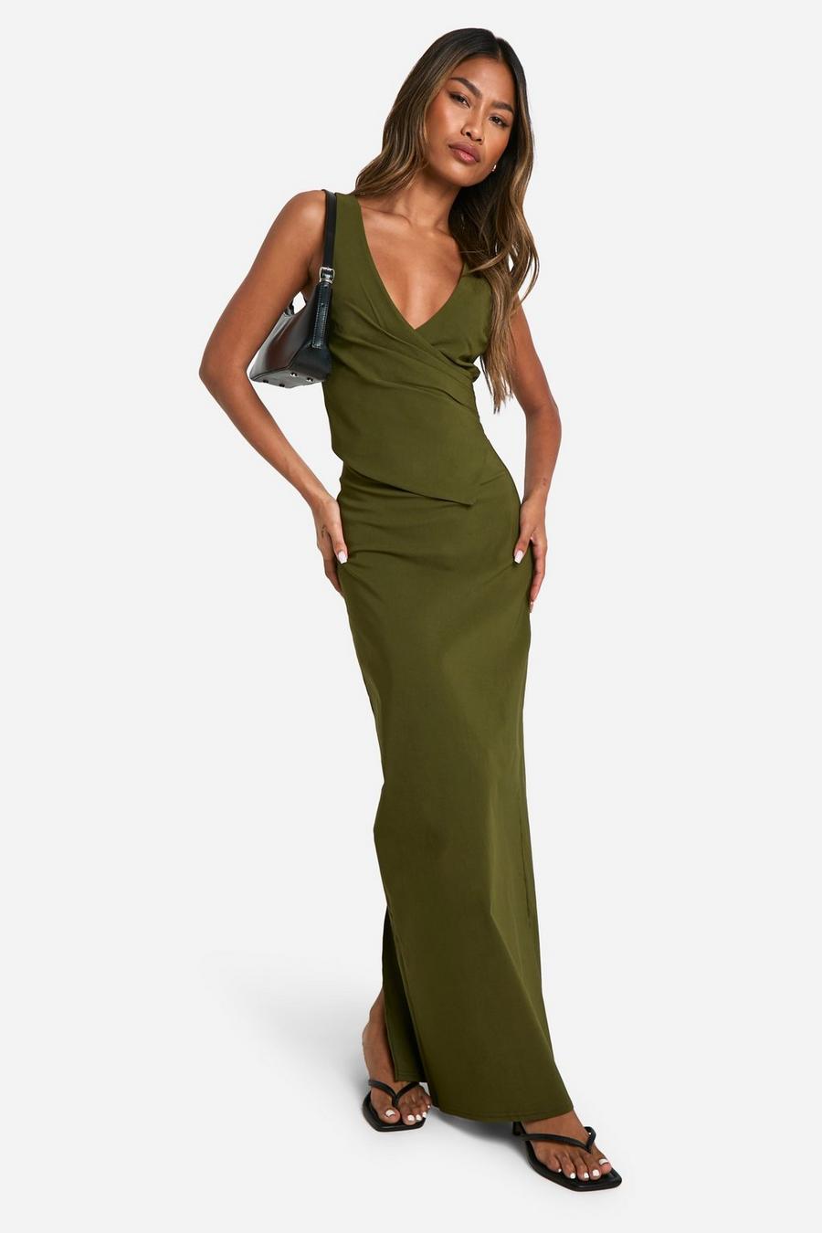 Olive Ruched Drape Side Asym Waistcoat & Column Maxi Skirt image number 1
