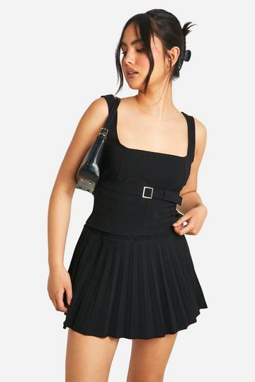 Square Neck Longline Top & Pleated Mini Skirt black