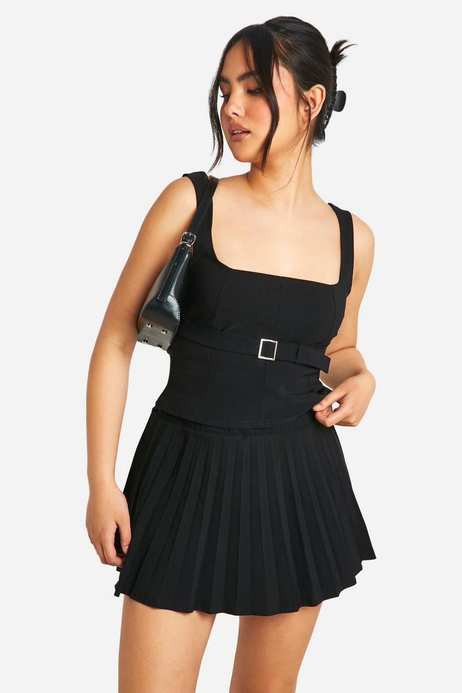 Black Square Neck Longline Top & Pleated Mini Skirt