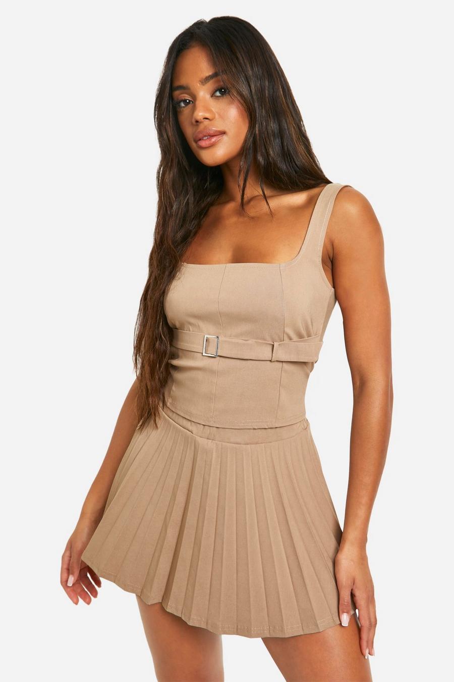 Camel Square Neck Longline Top & Pleated Mini Skirt image number 1