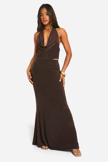 Plunge Halter Cowl & Flared Maxi Skirt chocolate