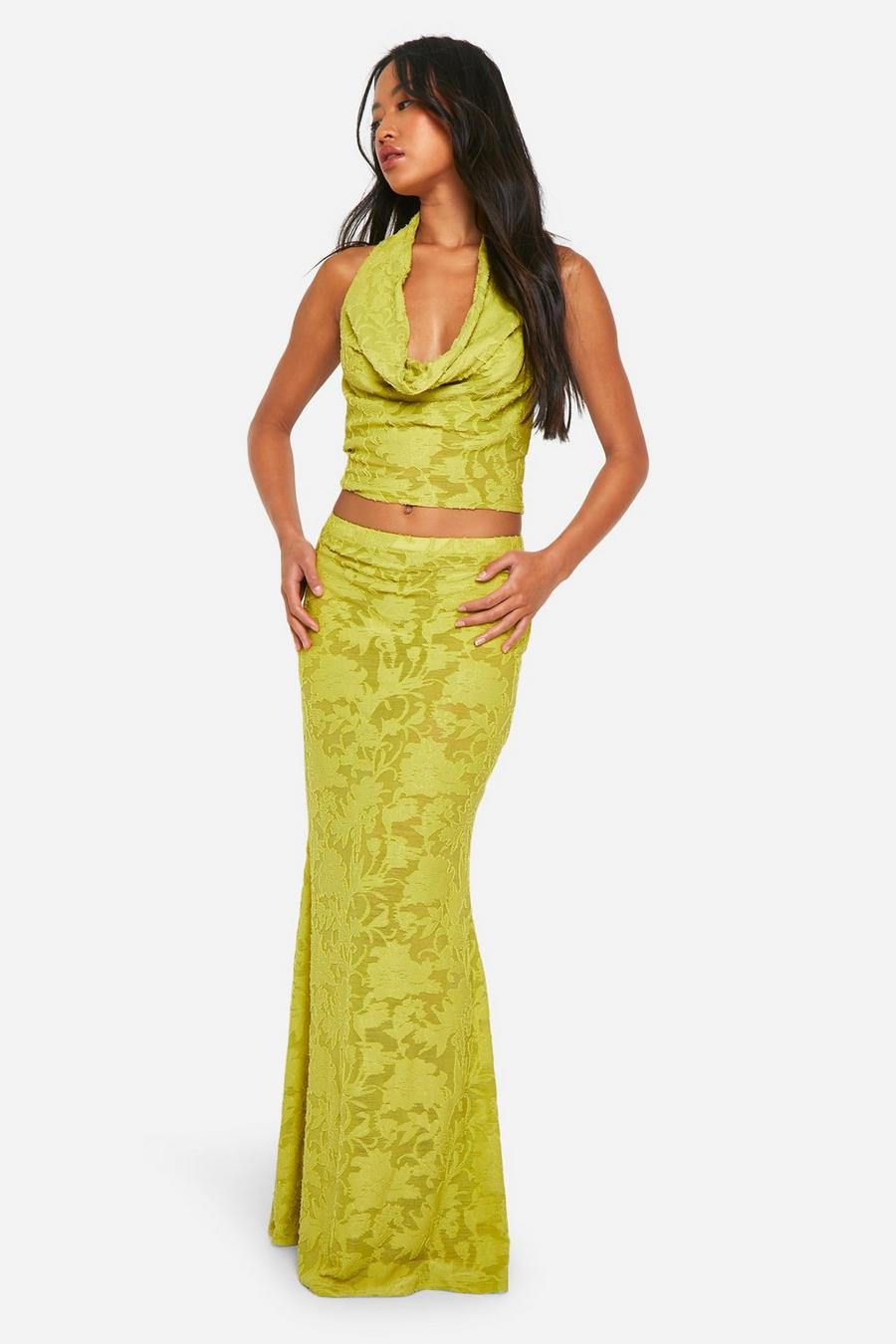 Chartreuse Burnout Floral Lowrise Maxi Skirt image number 1
