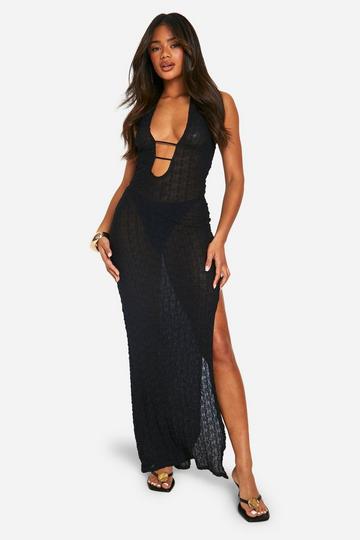 Sheer Textured Plunge Front Maxi Dress black