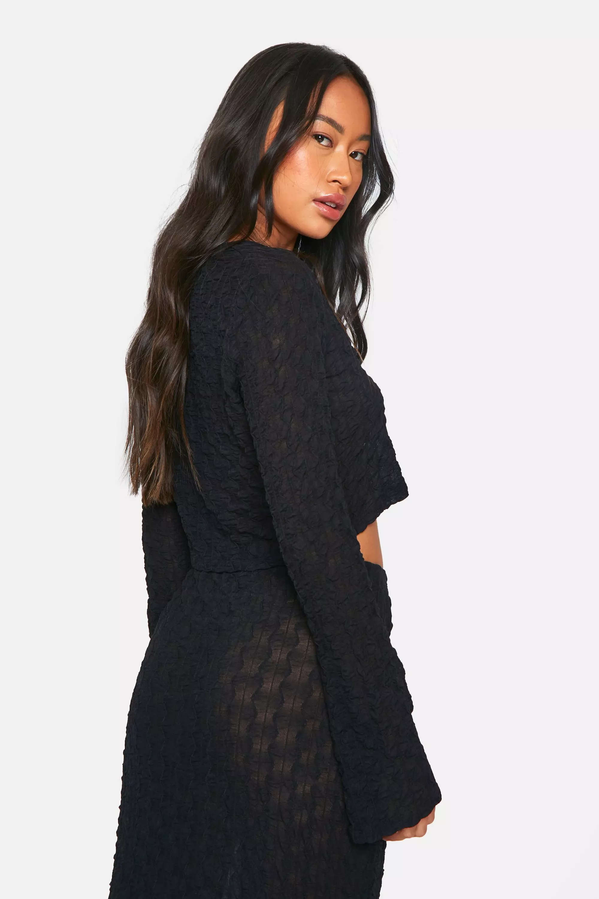 Black Sheer Textured Tie Front Crop alternative image