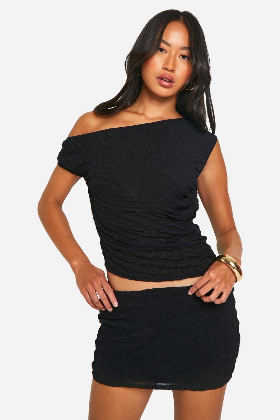 Black Sheer Textured Low Rise Mini Skirt