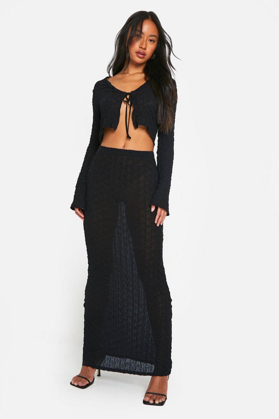 Black Sheer Textured Low Rise Maxi Skirt image number 1