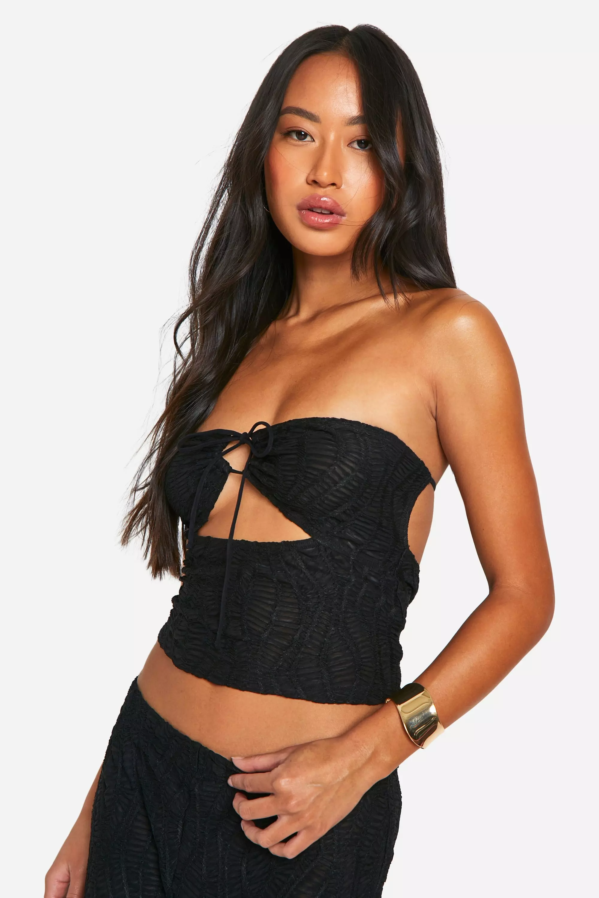 Black Crinkle Tie Front Backless Bandeau alternative image