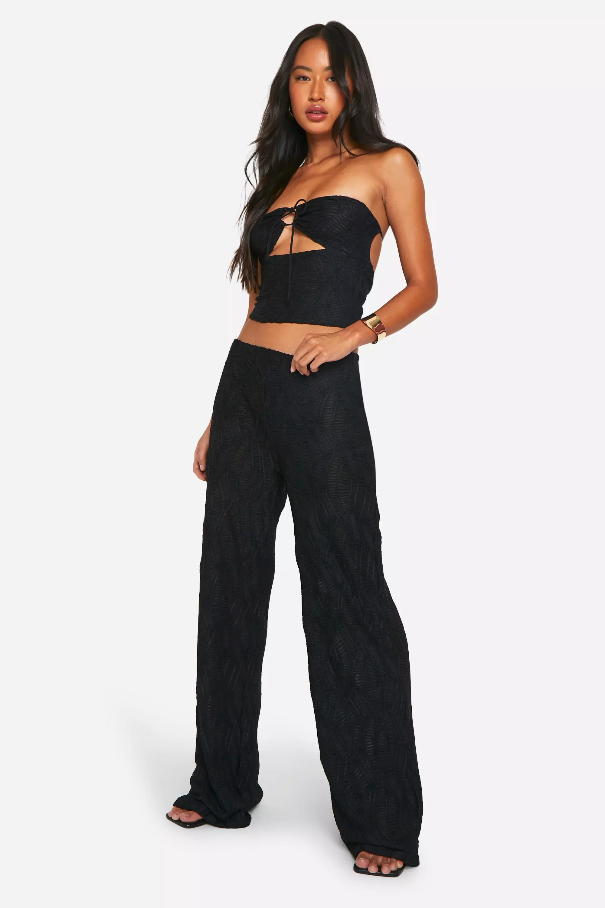 Black Crinkle Tie Front Backless Bandeau alternative image