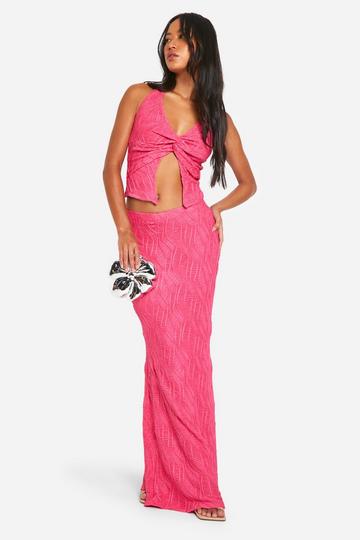 Crinkle Textured Flared Hem Maxi Skirt hot pink