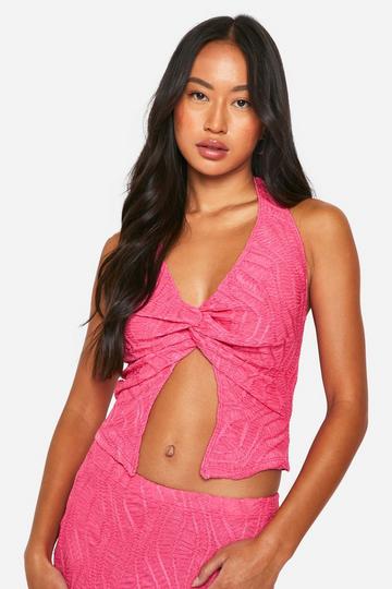 Crinkle Knot Split Front Crop hot pink