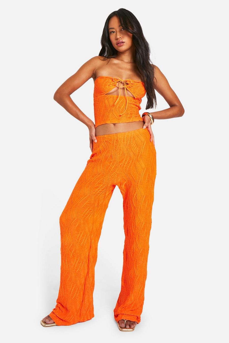 Orange Crinkle Textured Wide Leg Pants image number 1