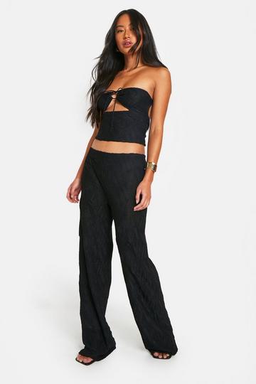 Black Crinkle Textured Wide Leg Trousers