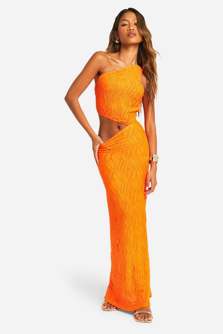 Orange Crinkle Textured One Shoulder Maxi Dress image number 1