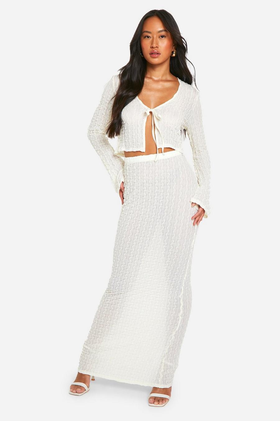 Ivory Sheer Textured Low Rise Maxi Skirt